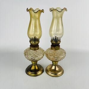 Small Pair Vintage Amber Glass Pedestal Oil Kerosene Lamps 9 1/2”